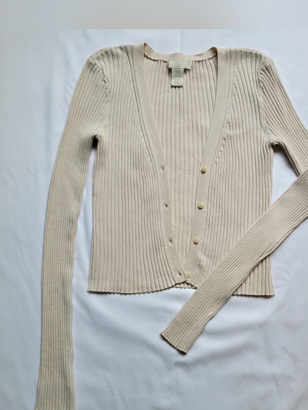 H&M Ribbed Cropped Cardigan Womens Cream Sweater Sz XS Long Sleeve